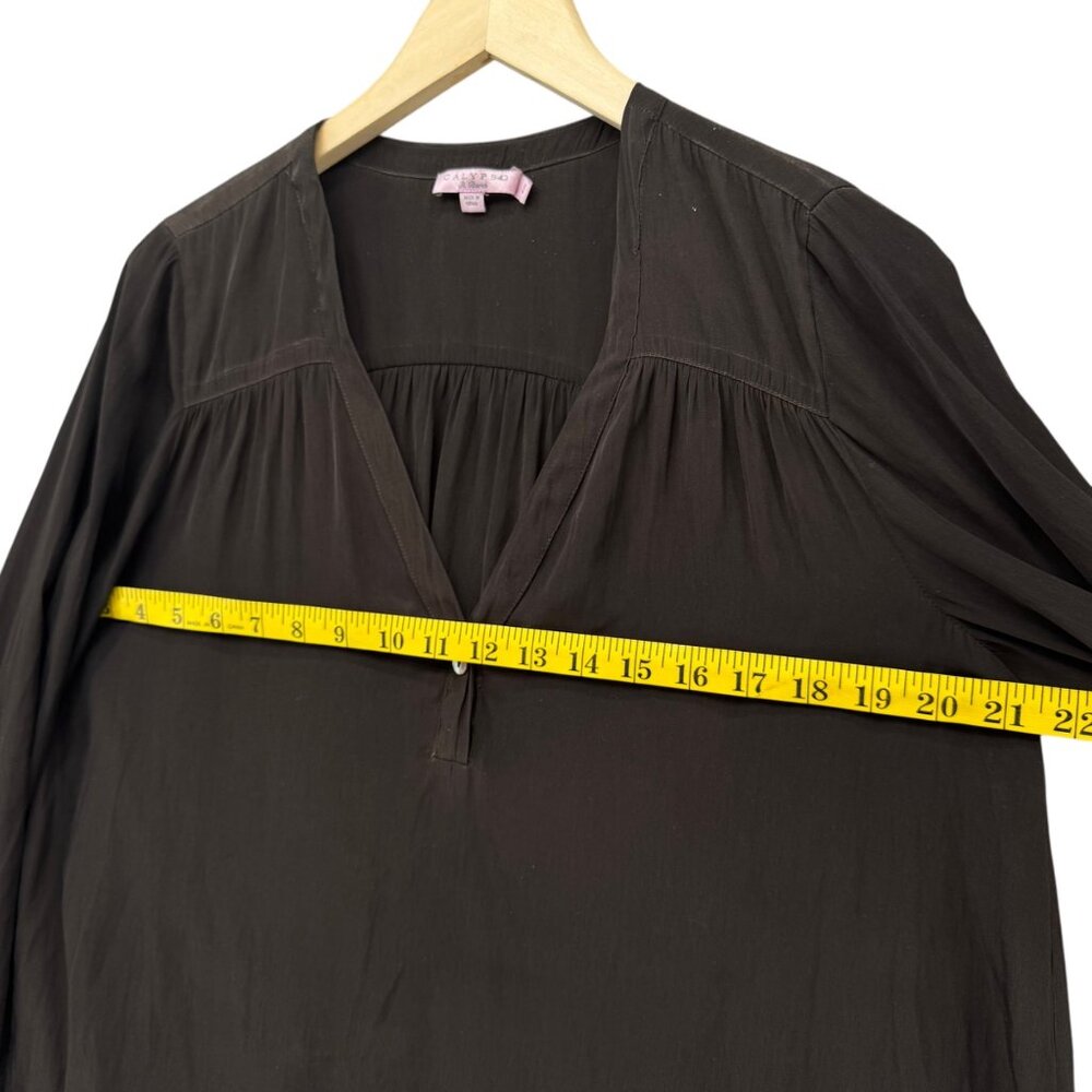 Calypso St Barth Blouse Womens Chocolate Brown Long Sleeve Pleated V Neck Size S - Picture 9 of 10